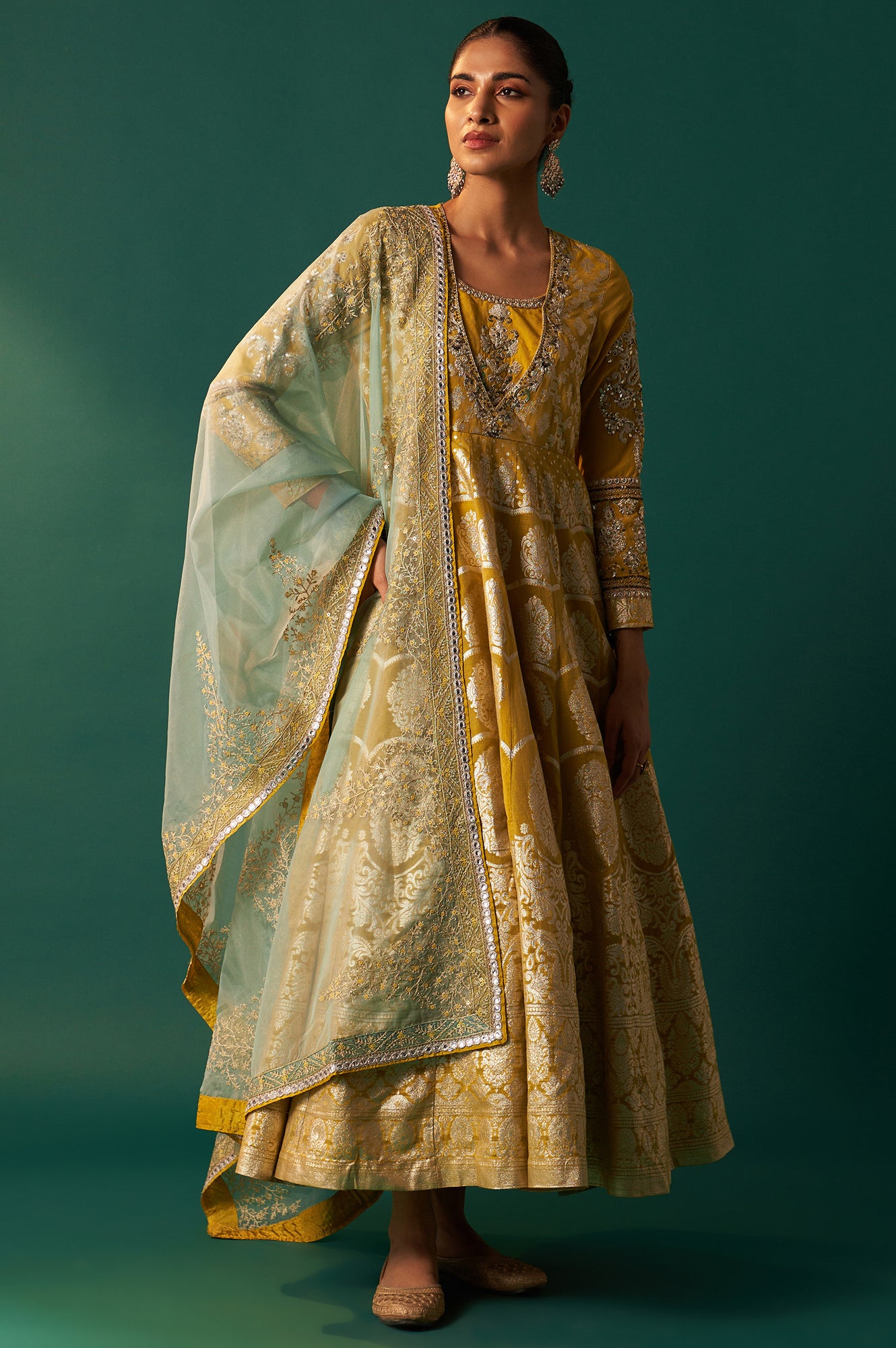 Green Embroidered Zari Work Flared Cotton Dress with Dupatta Set