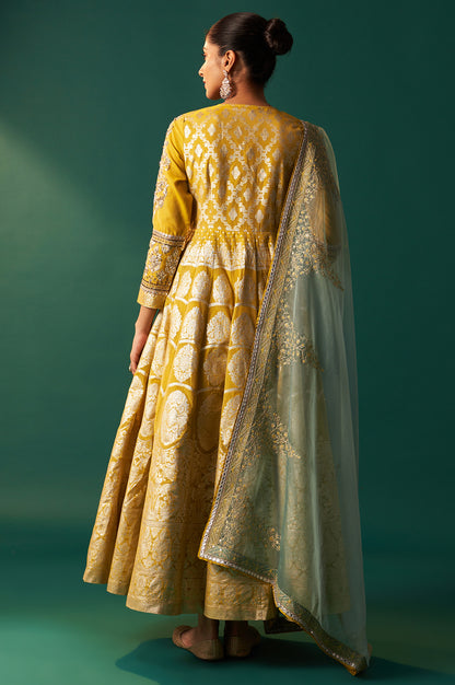 Green Embroidered Zari Work Flared Cotton Dress with Dupatta Set