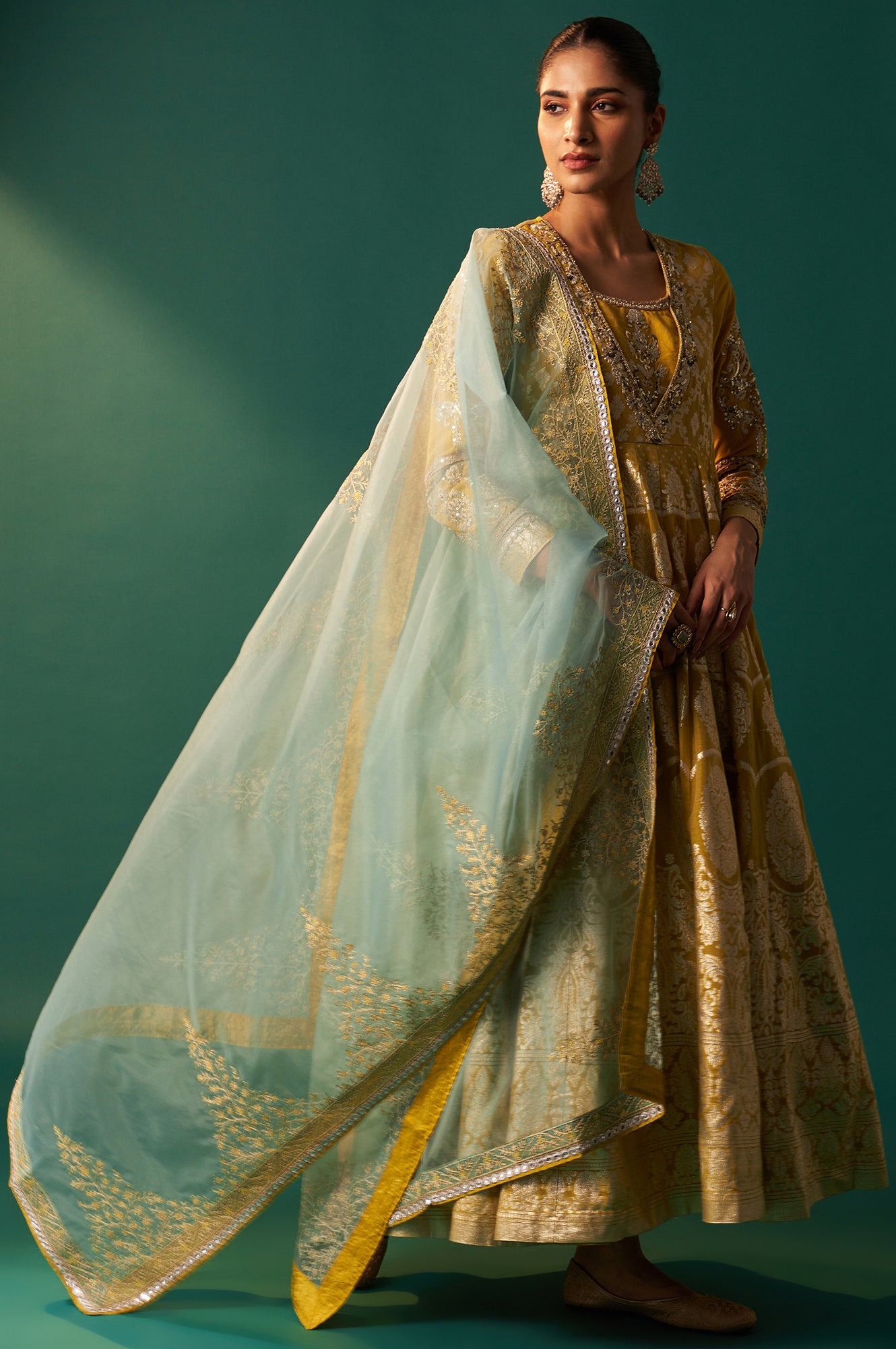 Green Embroidered Zari Work Flared Cotton Dress with Dupatta Set