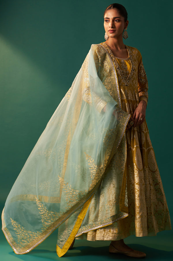 Green Embroidered Zari Work Flared Cotton Dress with Dupatta Set