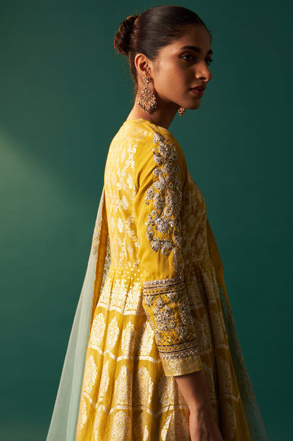 Green Embroidered Zari Work Flared Cotton Dress with Dupatta Set