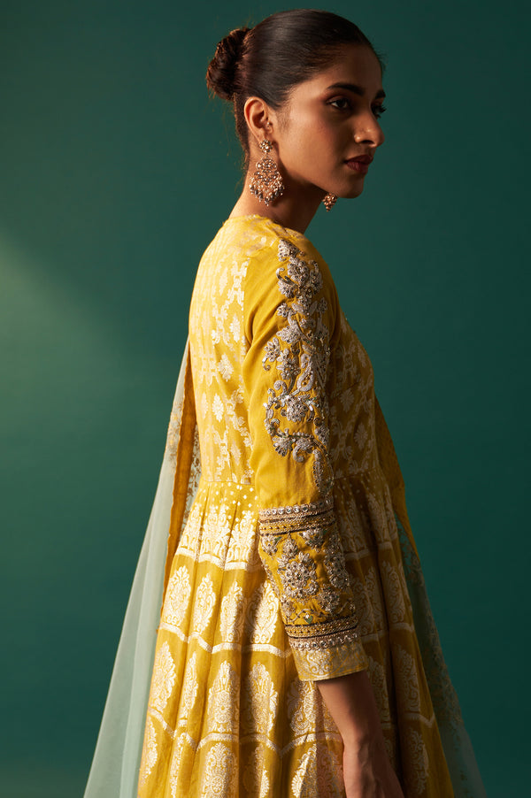 Green Embroidered Zari Work Flared Cotton Dress with Dupatta Set