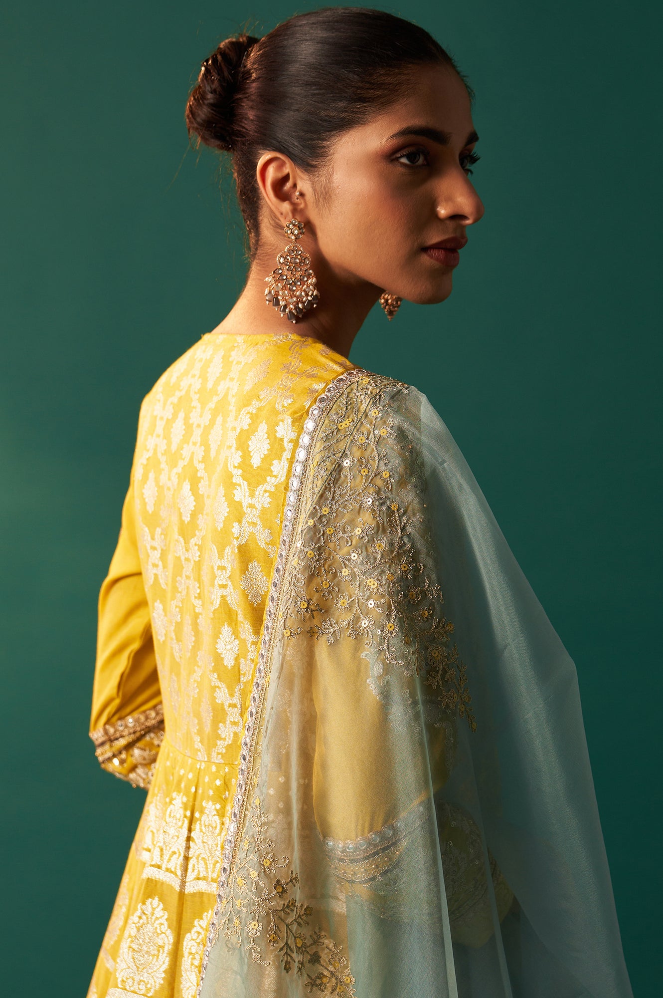 Green Embroidered Zari Work Flared Cotton Dress with Dupatta Set