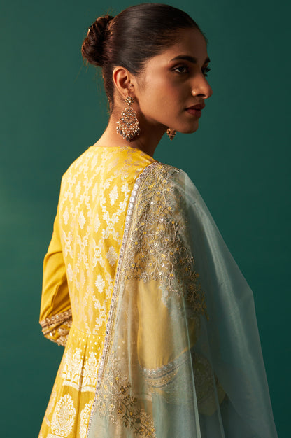 Green Embroidered Zari Work Flared Cotton Dress with Dupatta Set