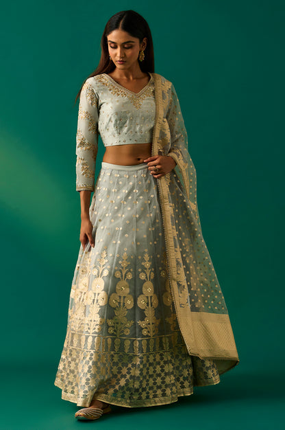 Sky Blue Solid Printed Chandari Silk Flared Blouse, Skirt and Dupatta Set