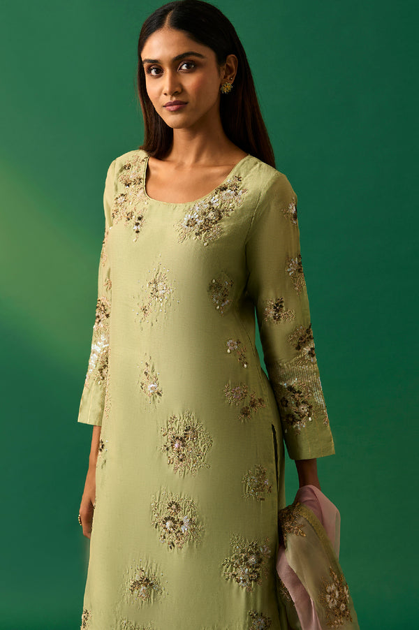 Green Embroidered Straight Cotton Kurta with Culotte and Dupatta Set