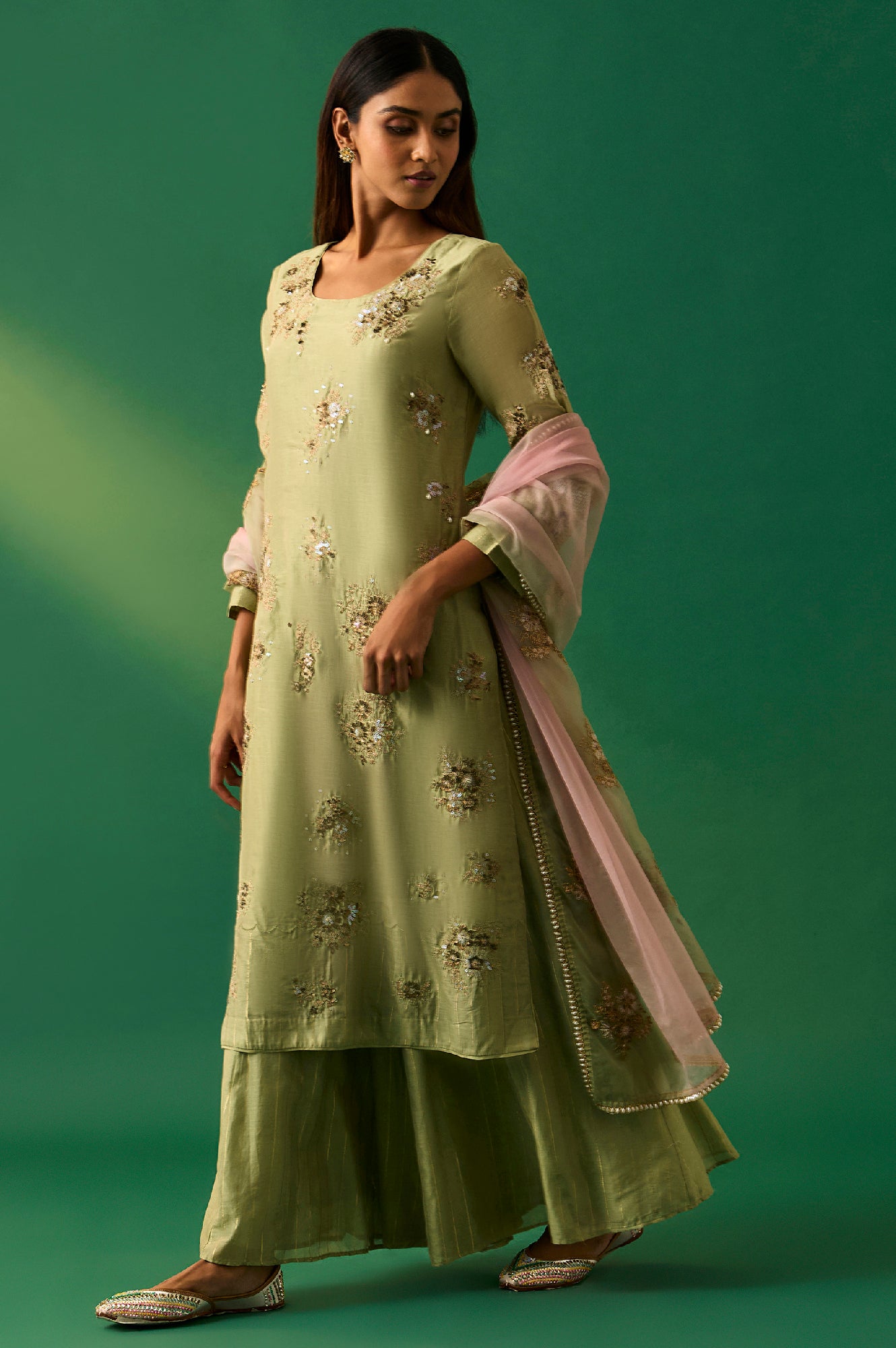 Green Embroidered Straight Cotton Kurta with Culotte and Dupatta Set