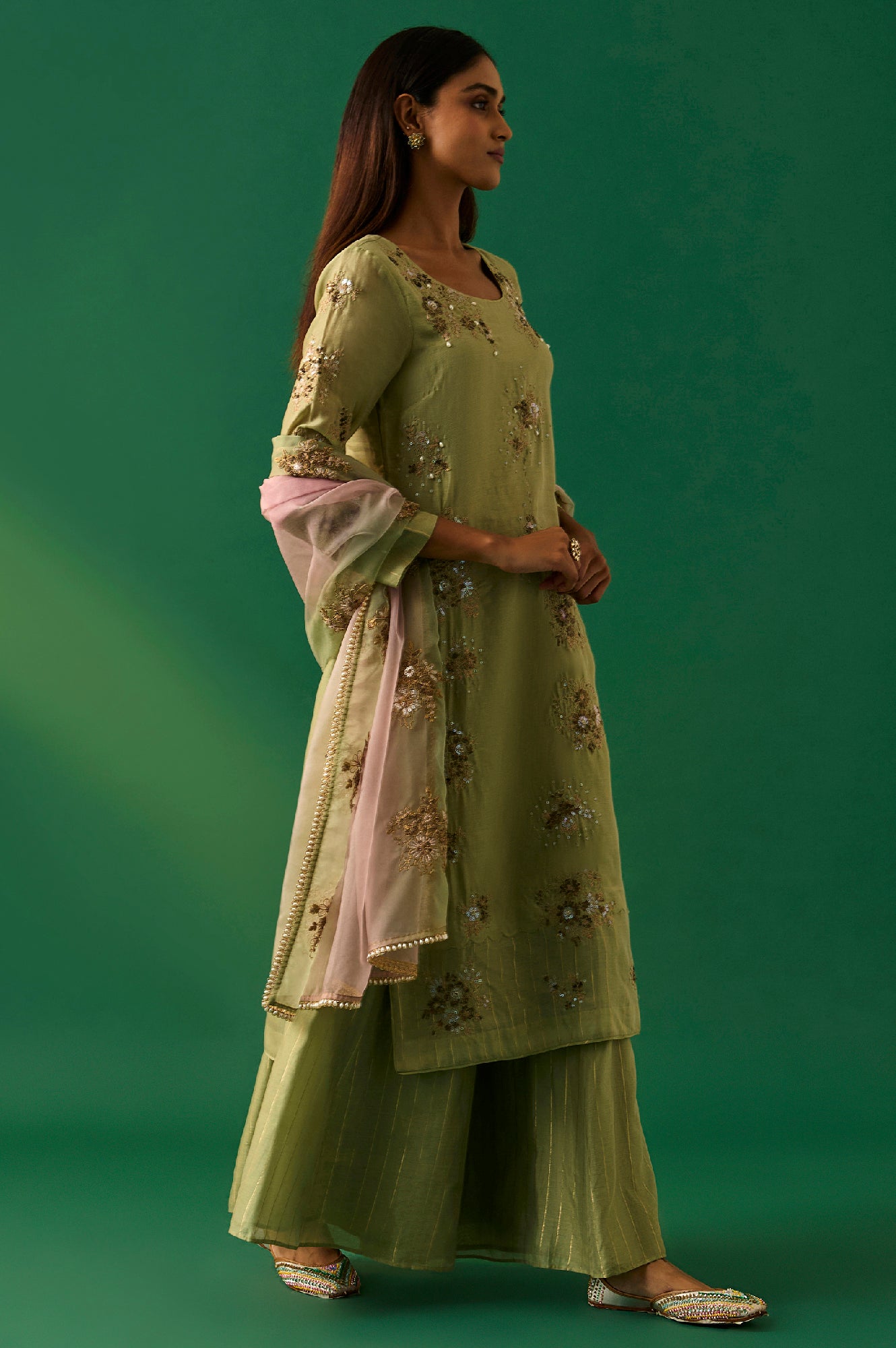 Green Embroidered Straight Cotton Kurta with Culotte and Dupatta Set