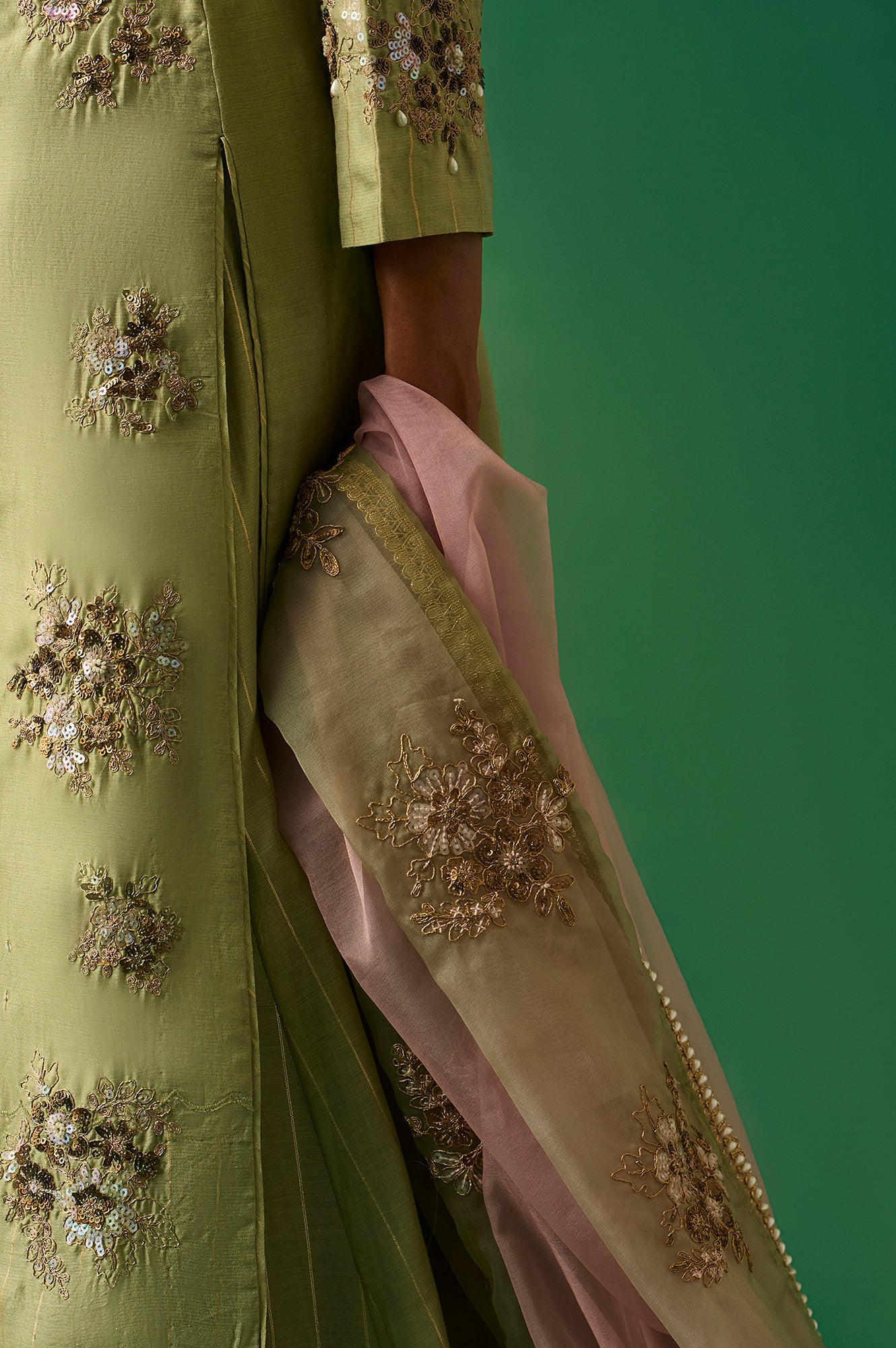 Green Embroidered Straight Cotton Kurta with Culotte and Dupatta Set