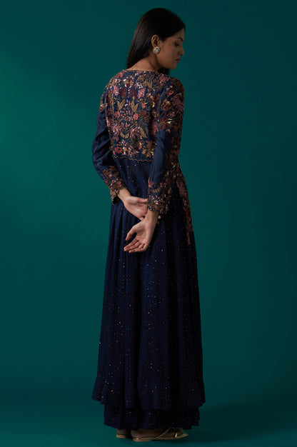 Navy Blue Heavy Embroidered Flared Georgette Kurta with Culottes Set