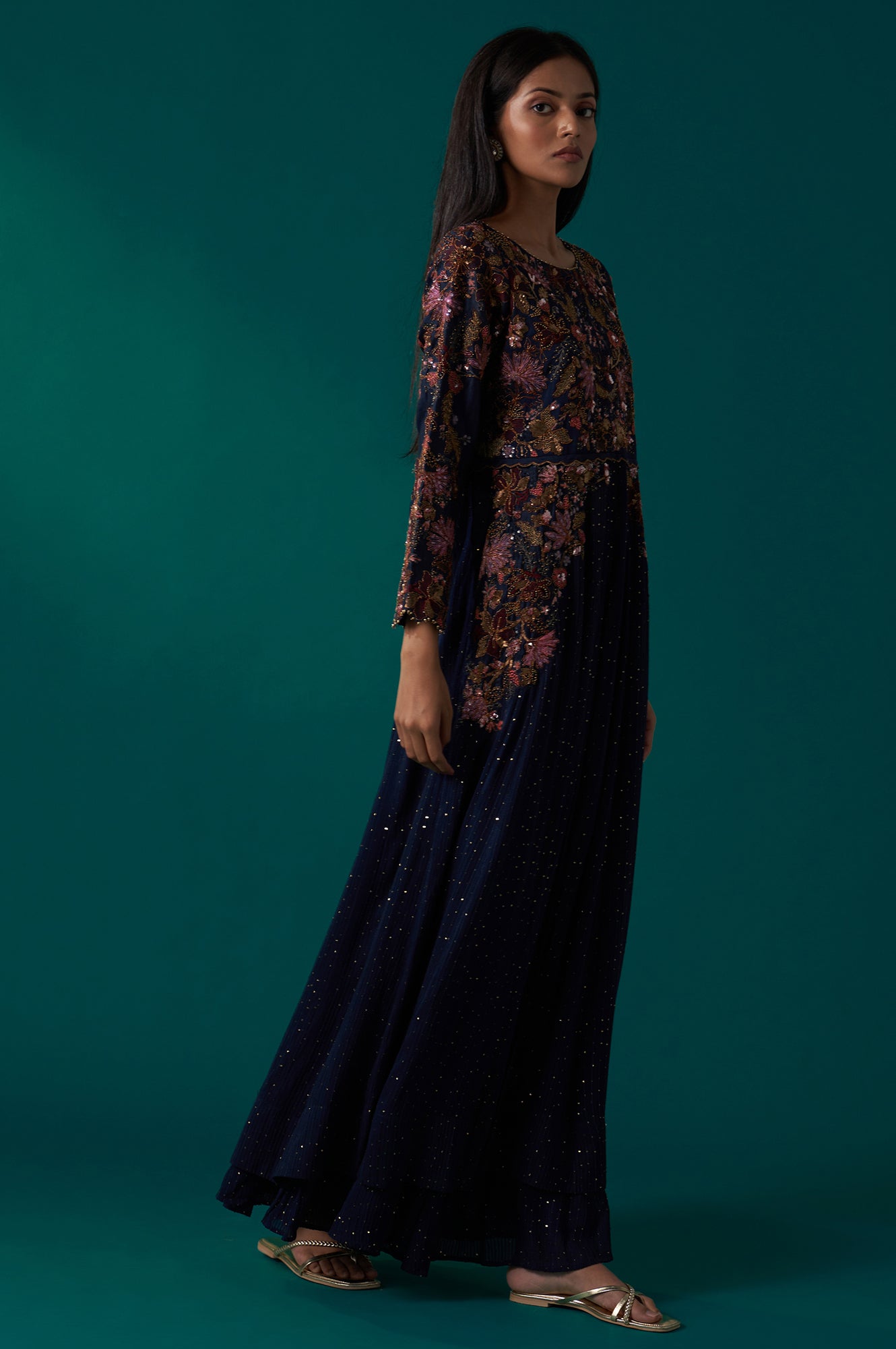 Navy Blue Heavy Embroidered Flared Georgette Kurta with Culottes Set