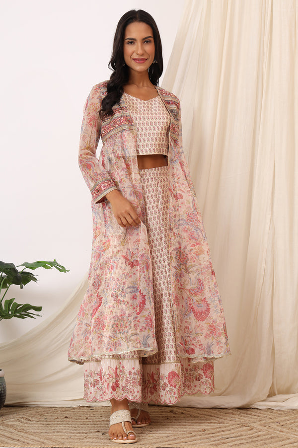 Salmon Pink Chintz Printed Organza Jacket, Crop Top and Culottes Set