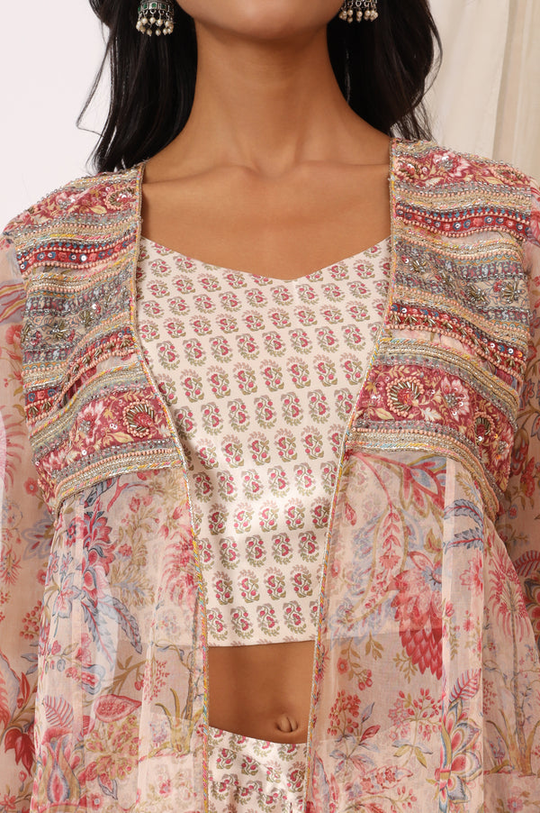 Salmon Pink Chintz Printed Organza Jacket, Crop Top and Culottes Set
