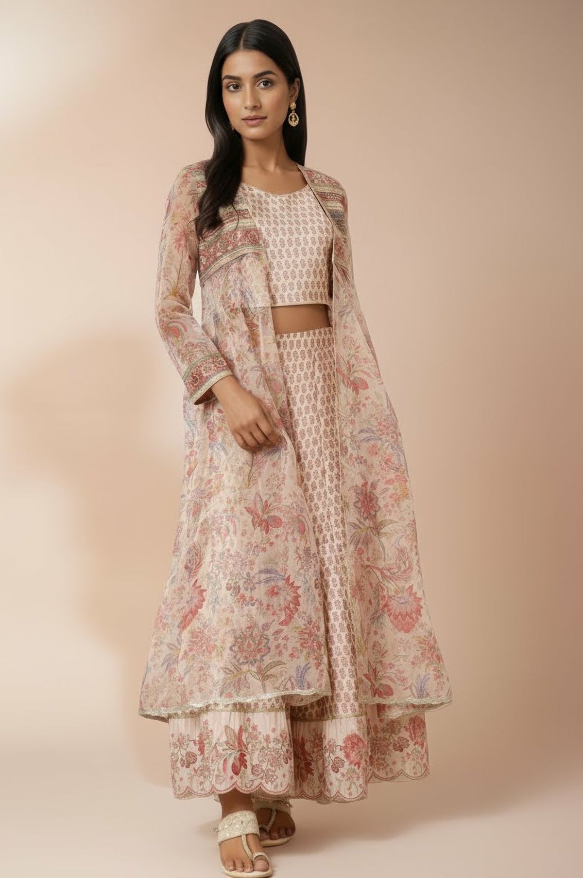 Salmon Pink Chintz Printed Organza Jacket, Crop Top and Culottes Set - XXL