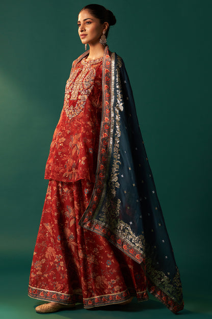 Red Floral Printed Embroidered Flared Organza Kurta with Culottes and Dupatta Set