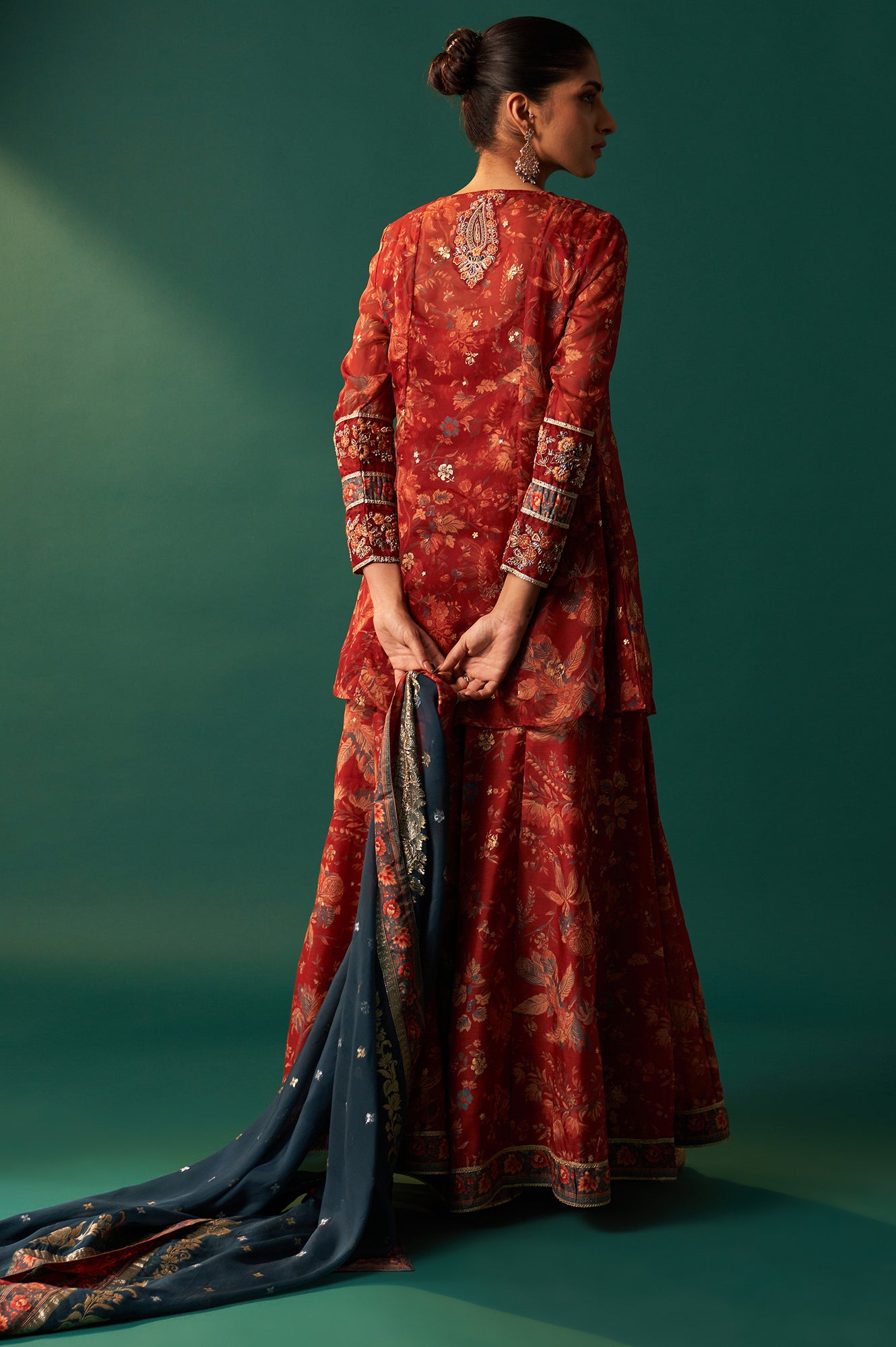 Red Floral Printed Embroidered Flared Organza Kurta with Culottes and Dupatta Set