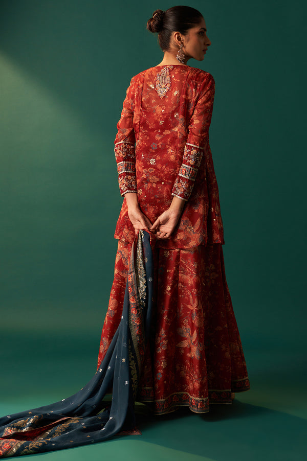 Red Floral Printed Embroidered Flared Organza Kurta with Culottes and Dupatta Set