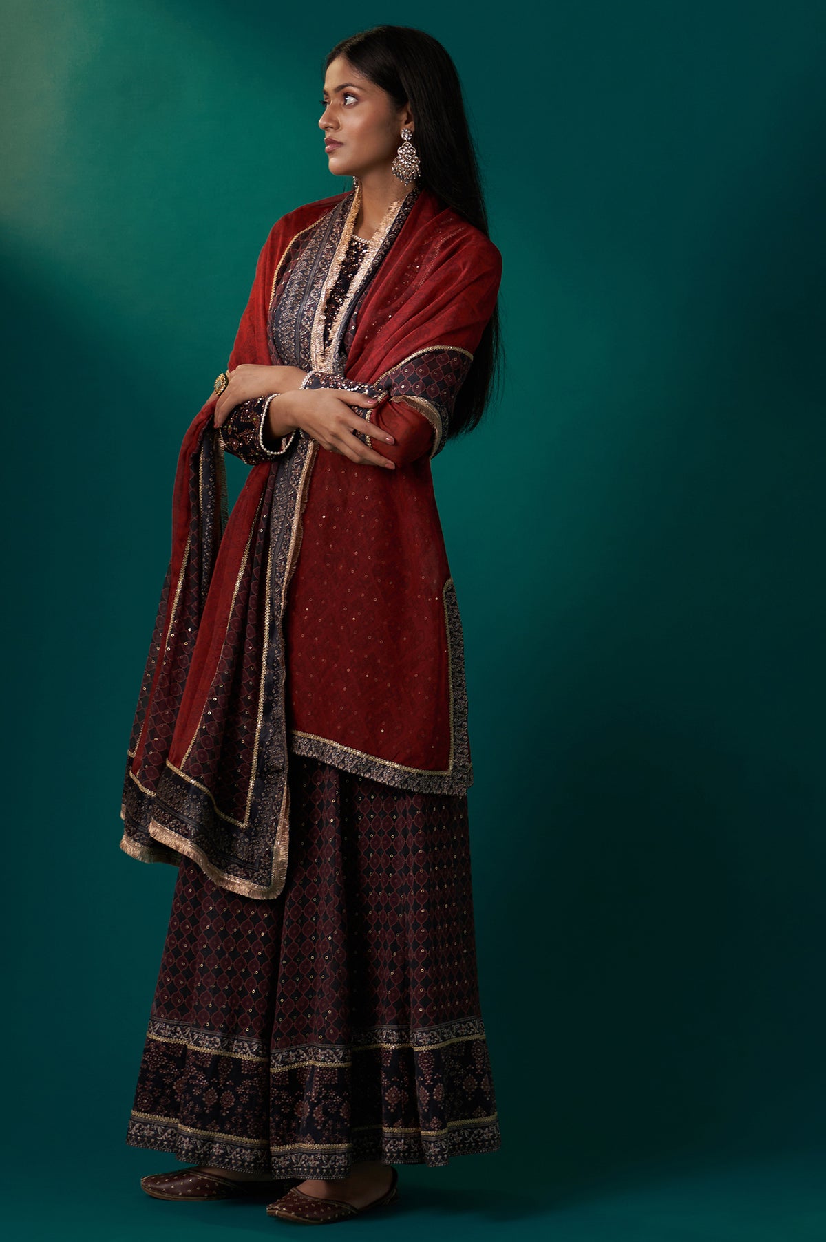 Red Abstract Printed Beaded A-Line Organza Kurta with Culottes and Dupatta Set - XS