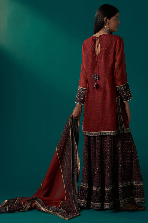 Red Abstract Printed Beaded A-Line Organza Kurta with Culottes and Dupatta Set