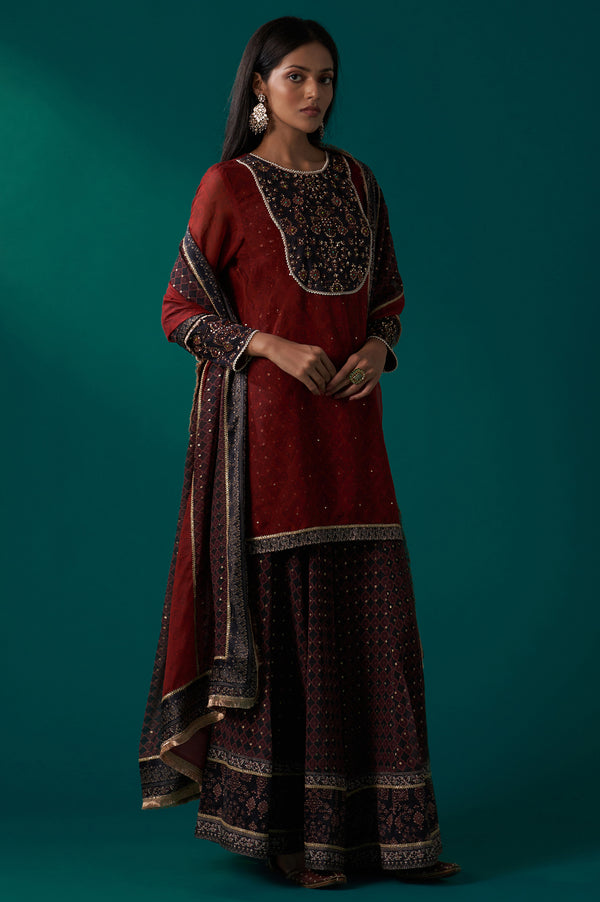 Red Abstract Printed Beaded A-Line Organza Kurta with Culottes and Dupatta Set