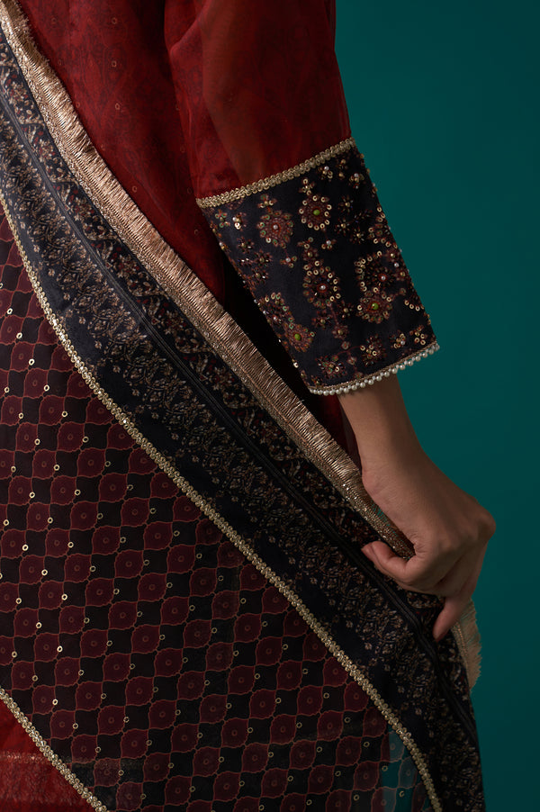 Red Abstract Printed Beaded A-Line Organza Kurta with Culottes and Dupatta Set