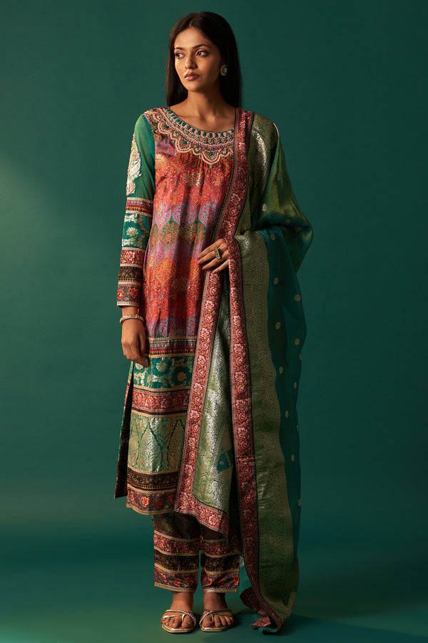 Multicolour Printed Jacquard Straight Kurta, Straight Pant and Dupatta Set