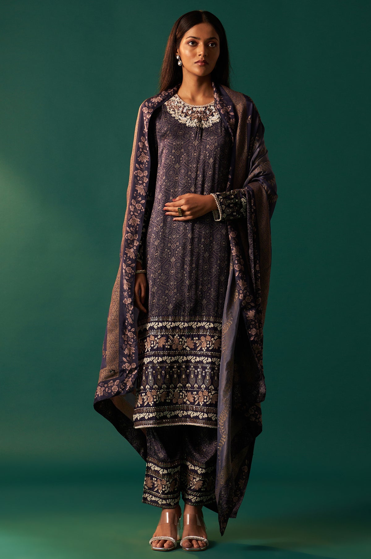 Navy Blue Floral Printed Embroidered Straight Modal Satin Kurta with Parallel Pants and Dupatta Set - XS