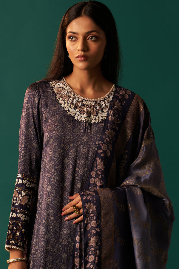 Navy Blue Floral Printed Embroidered Straight Modal Satin Kurta with Parallel Pants and Dupatta Set