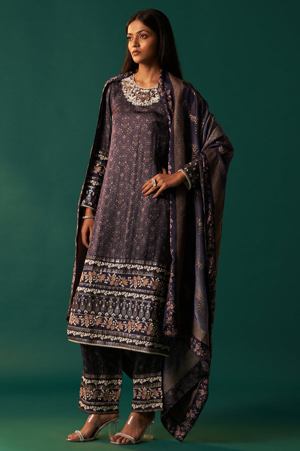 Navy Blue Floral Printed Embroidered Straight Modal Satin Kurta with Parallel Pants and Dupatta Set
