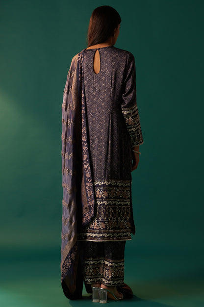 Navy Blue Floral Printed Embroidered Straight Modal Satin Kurta with Parallel Pants and Dupatta Set
