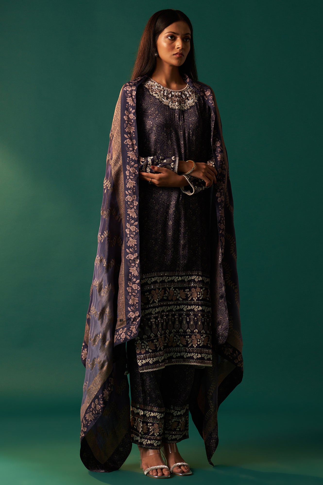 Navy Blue Floral Printed Embroidered Straight Modal Satin Kurta with Parallel Pants and Dupatta Set