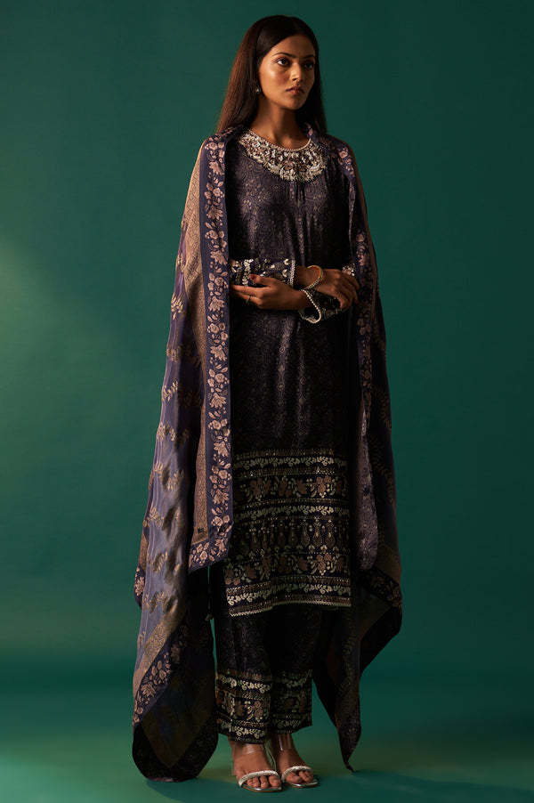 Navy Blue Floral Printed Embroidered Straight Modal Satin Kurta with Parallel Pants and Dupatta Set
