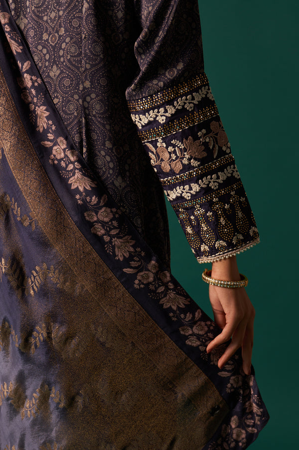 Navy Blue Floral Printed Embroidered Straight Modal Satin Kurta with Parallel Pants and Dupatta Set