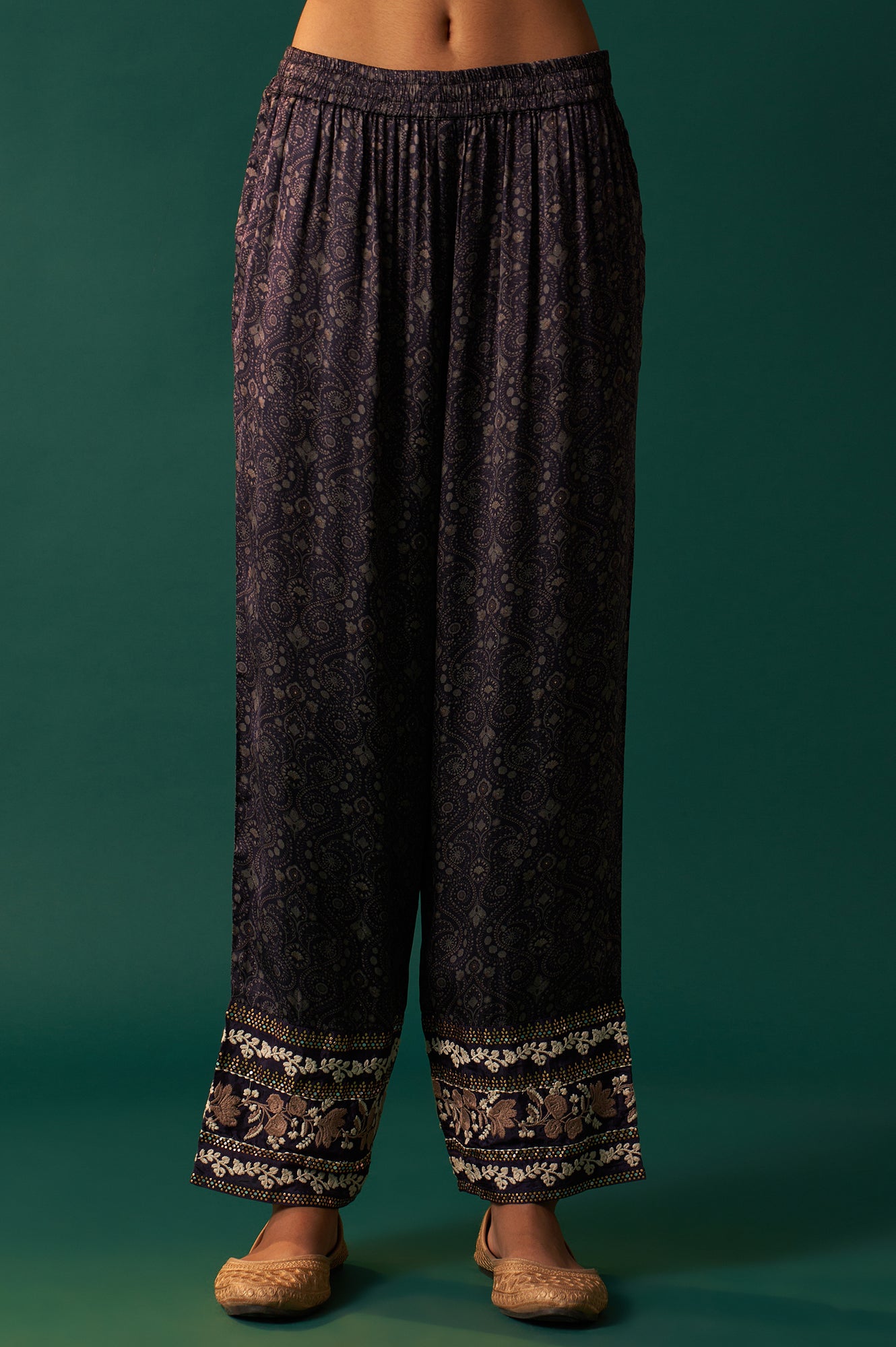 Navy Blue Floral Printed Embroidered Straight Modal Satin Kurta with Parallel Pants and Dupatta Set