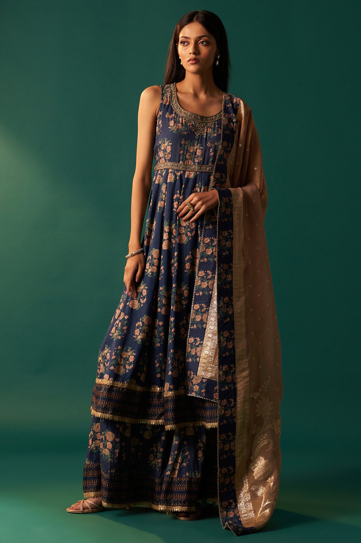 Navy Blue Floral Printed Beaded Anarkali Modal Satin Kurta with Culottes and Dupatta Set - S