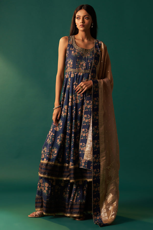Navy Blue Floral Printed Beaded Anarkali Modal Satin Kurta with Culottes and Dupatta Set