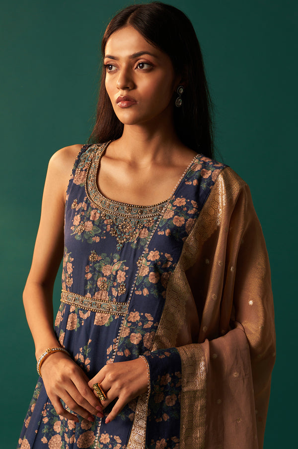 Navy Blue Floral Printed Beaded Anarkali Modal Satin Kurta with Culottes and Dupatta Set