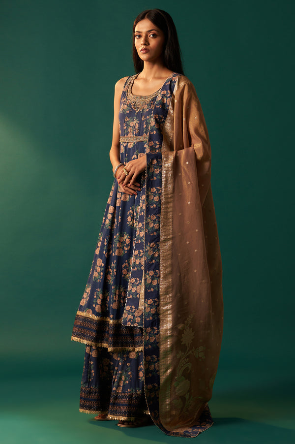 Navy Blue Floral Printed Beaded Anarkali Modal Satin Kurta with Culottes and Dupatta Set