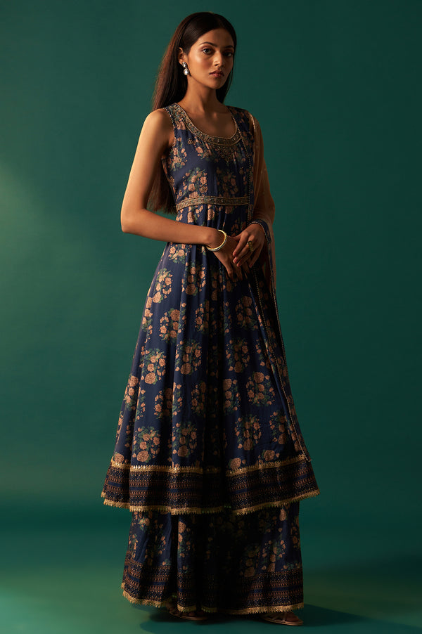 Navy Blue Floral Printed Beaded Anarkali Modal Satin Kurta with Culottes and Dupatta Set