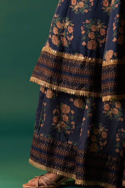 Navy Blue Floral Printed Beaded Anarkali Modal Satin Kurta with Culottes and Dupatta Set