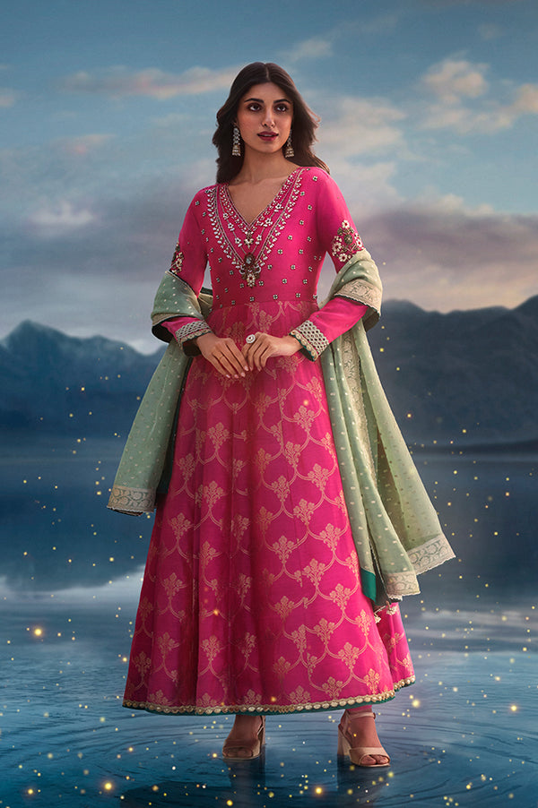 Pink Embroidered Chanderi Jaquard Zari Anarkali Kurta with Churidar and Dupatta Set