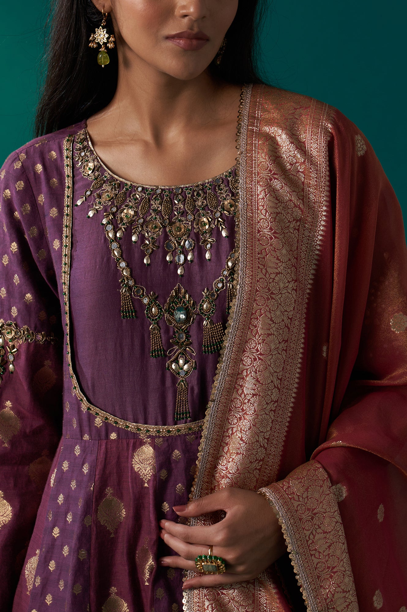 Purple Zari Embroidered Chanderi Jacquard Anarkali Kurta with Churidar and Dupatta Set