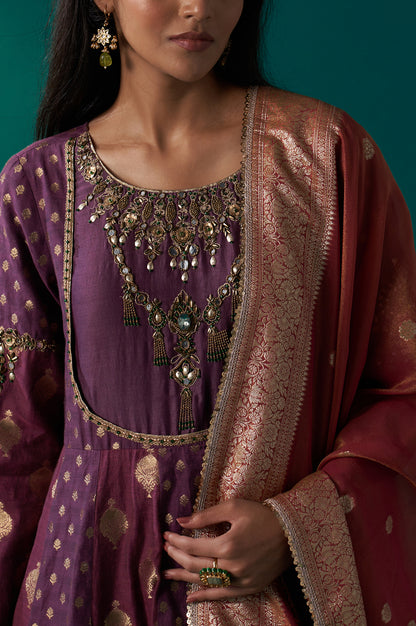 Purple Zari Embroidered Chanderi Jacquard Anarkali Kurta with Churidar and Dupatta Set