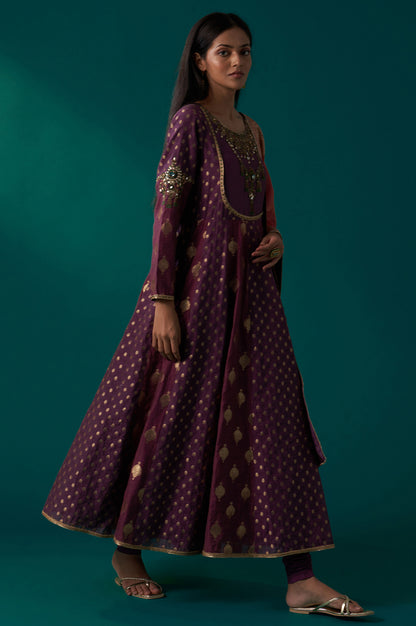 Purple Zari Embroidered Chanderi Jacquard Anarkali Kurta with Churidar and Dupatta Set