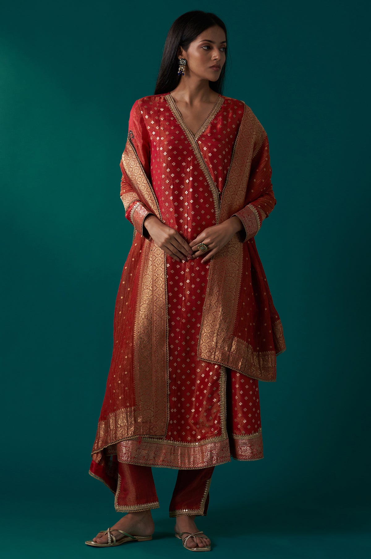 Red Embroidered Tissue Jacquard Angarkha Kurta with Pant and Dupatta Set - S