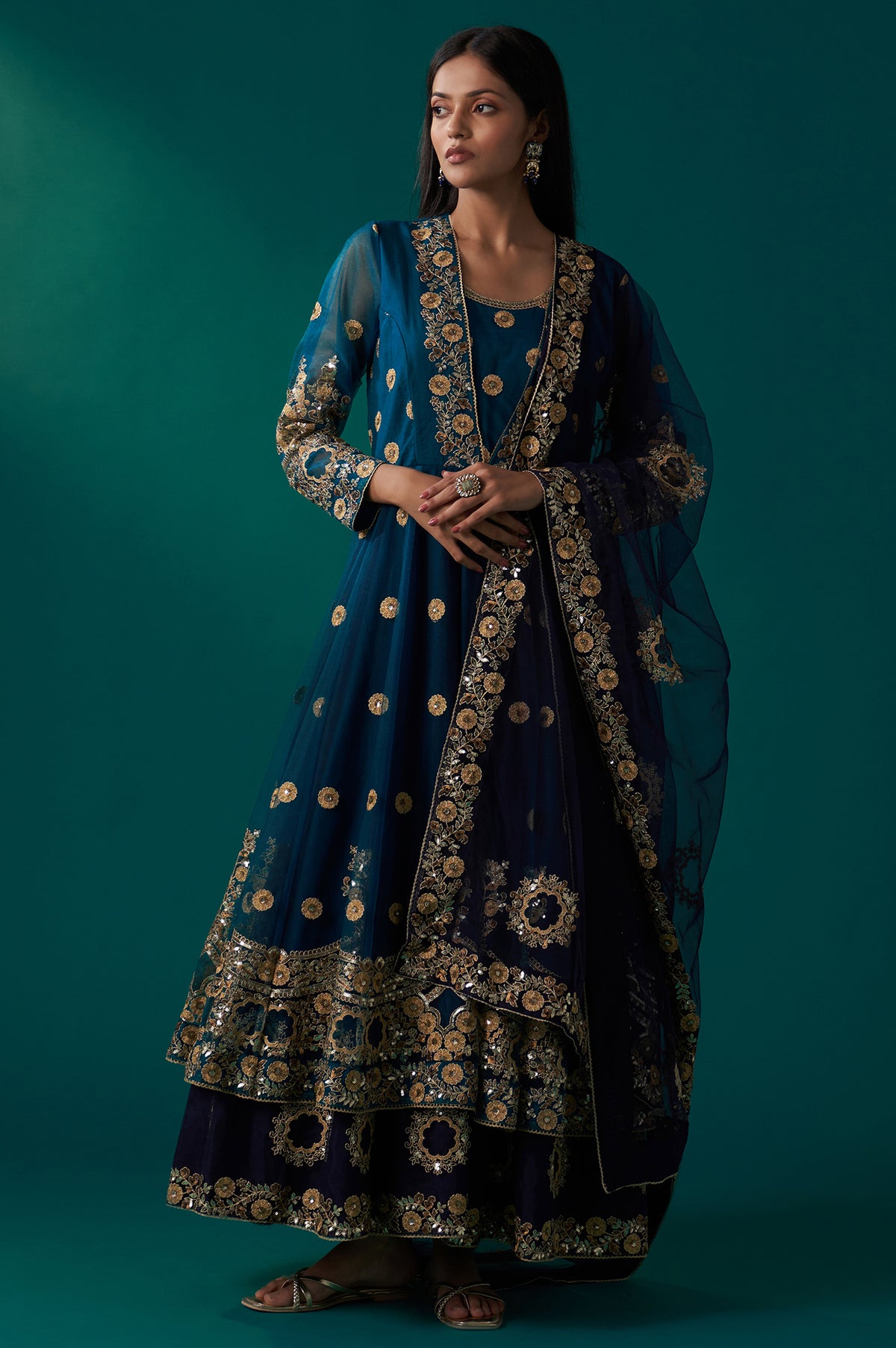 Blue Embroidered Zardozi Anarkali Kurta with Churidar and Dupatta Set - S