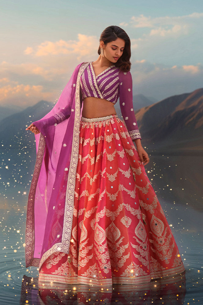 Purple Zari Embroidered Jacquard Blouse with Flared Skirt and Dupatta Set - S