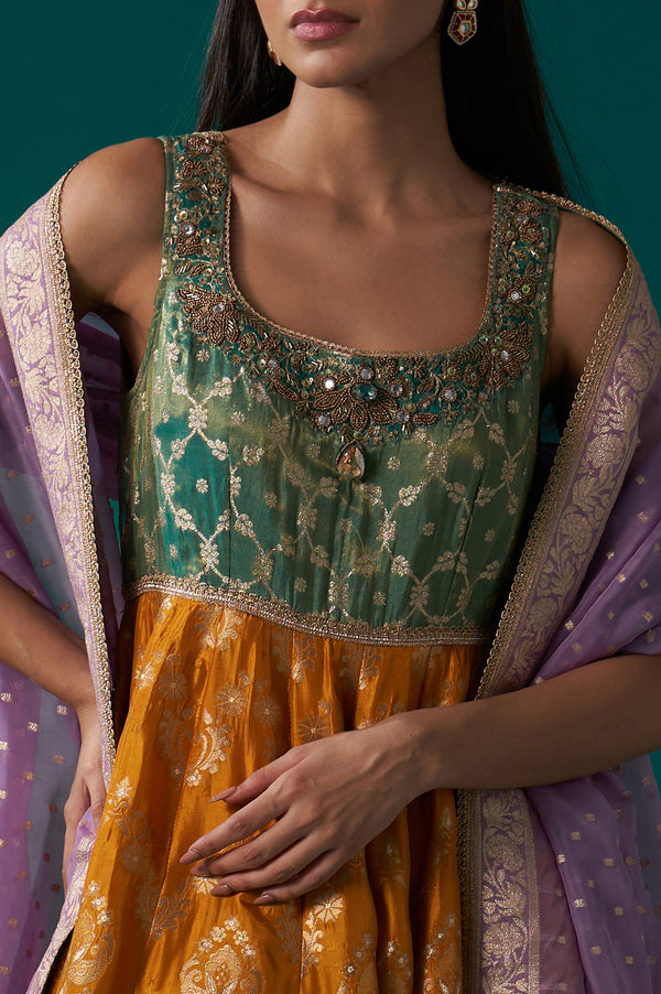 Yellow and Green Zardozi Embroidered Jacquard Anarkali Kurta with Churidar and Dupatta Set