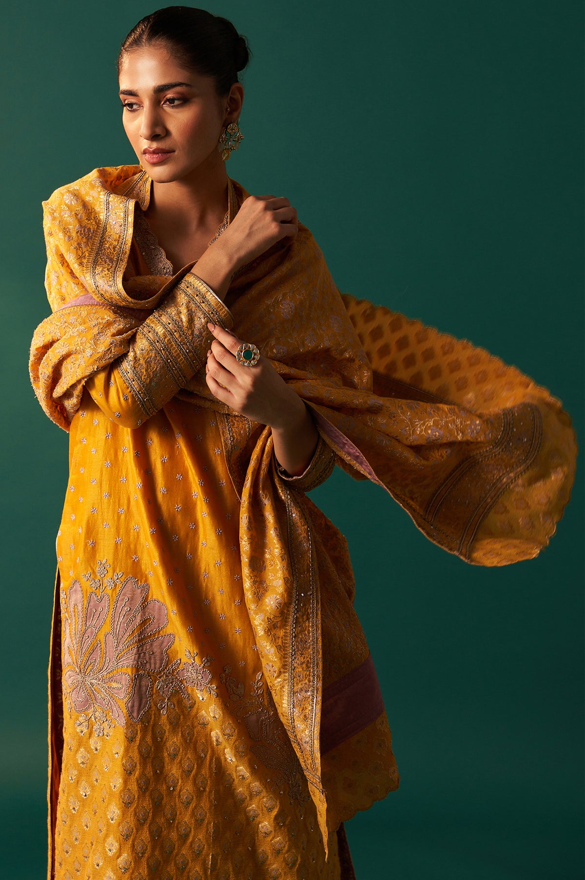 Yellow Embroidered Jacquard Straight Festive Kurta with Culotte and Dupatta Set - S