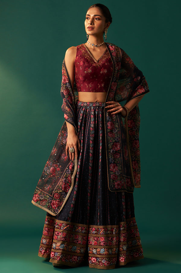 Maroon Floral Printed Sequined Chanderi Blouse with Navy Flared Skirt and Dupatta Set